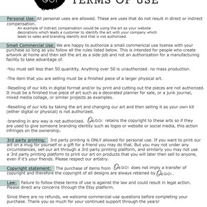 May include: Terms of Use document from OiGOI, featuring a black circular logo with white text. The document outlines personal and small commercial use guidelines, including restrictions on quantity, digital reselling, and third-party printing. Copyright is retained by OiGOI.