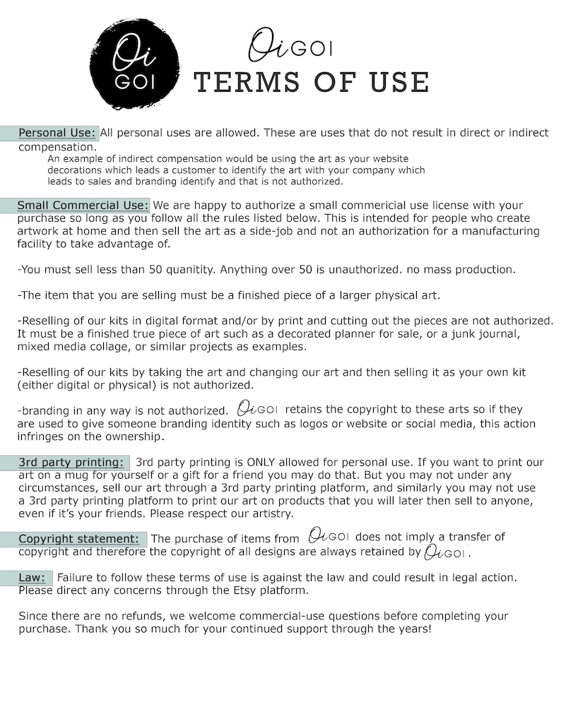 May include: Terms of Use document from OiGOI, featuring a black circular logo with white text. The document outlines personal and small commercial use guidelines, including restrictions on quantity, digital reselling, and third-party printing. Copyright is retained by OiGOI.