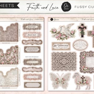 May include: Two sheets of paper featuring Faith and Lace fussy cuts. The sheets include die-cut shapes such as envelopes with floral patterns, crosses, doves, a butterfly, a lamb, and rectangular labels with religious text and scripture references.