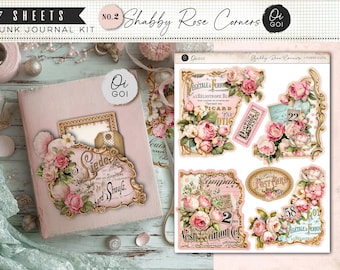 Vintage rose paper pack, junk journal kit, shabby chic pink roses, floral fussy cuts, floral printable, printable corner pockets, script