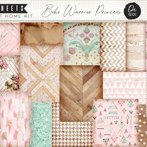 Könnte beinhalten: Eine Sammlung von 12 bedruckbaren Papierbögen mit verschiedenen Mustern und Texturen. Designs umfassen florale, geometrische, Holzmaserungs- und Stammesmotive in Pastellfarben. Der Text "Boho Warrior Princess" ist oben angezeigt.
