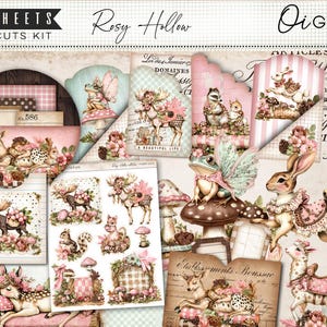 May include: A collection of 16 sheets of fussy cuts featuring a whimsical, vintage aesthetic. The designs include illustrations of woodland creatures, fairies, mushrooms, and floral elements in soft pinks, greens, and browns. The text "Rosy Hollow" is visible.