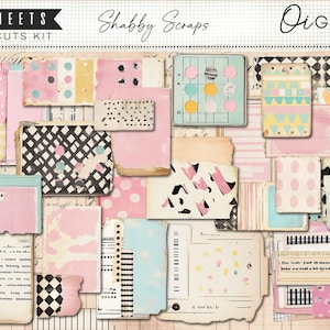 Può includere: Un set di 15 fogli di un kit di ritagli meticolosi a tema shabby chic. Il kit include vari ritagli di carta in colori pastello, tra cui rosa, blu e giallo, con motivi come pois, quadri e disegni astratti. Il testo "Shabby Scraps" è visibile.
