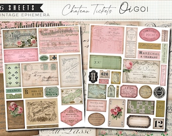 Ephemera w postaci zabytkowych biletów, romantyczny zestaw do pisania dziennika z motywem róż, etykiety na perfumy, księga rachunkowa w języku francuskim, bilety do druku, metki z numerami, antyczny klips
