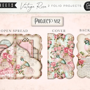 Può includere: Progetto di folio Vintage Rose con tre sezioni: apertura, copertina e retro. Il design presenta rose rosa, un uccello turchese e testo in stile vintage. La copertina ha un motivo floreale, il retro include il testo "quiet and delicate".