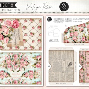 Proyecto de folio Rosa Vintage, kit de diario de recortes, plantilla de bolsillos imprimible, rosas rosas estilo shabby chic, efímeros para scrapbooking, etiquetas florales
