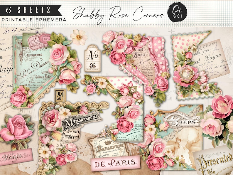 May include: A collection of printable ephemera featuring Shabby Rose Corners. The designs include floral arrangements of pink roses, vintage labels, and decorative corner pieces with text like "Paris" and "Memorandum". The color palette is soft, with touches of teal and cream.