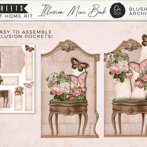 May include: A 32-sheet print at home kit titled Illusion Mini Book by Blushing Archives. The kit features paper cutouts of ornate brown tables, pink and white floral arrangements, and butterflies in shades of brown and pink for assembly.