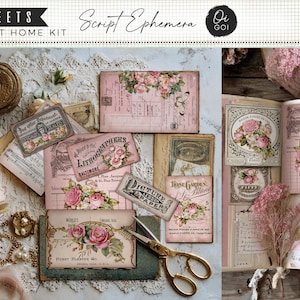 May include: A collection of vintage-style ephemera, including postcards, labels, and ledger pages, adorned with floral illustrations and text. The color palette features soft pinks, greens, and creams. The text on the image reads "6 SHEETS PRINT AT HOME KIT" and "Script Ephemera".