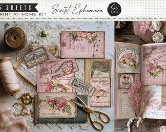 ヴィンテージローズのペーパーパック、ロマンティックローズのジャンクジャーナル、シャビーシックな香水ラベルの印刷物、フランス語のスクリプト、数字のエフェメラ、デジタルチケット