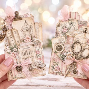 May include: Two decorative paper tags featuring vintage sewing motifs, including dress forms, measuring tapes, and scissors. The tags are embellished with pink ribbons, lace, metal charms, and buttons, with one tag labeled AIGUILLES.