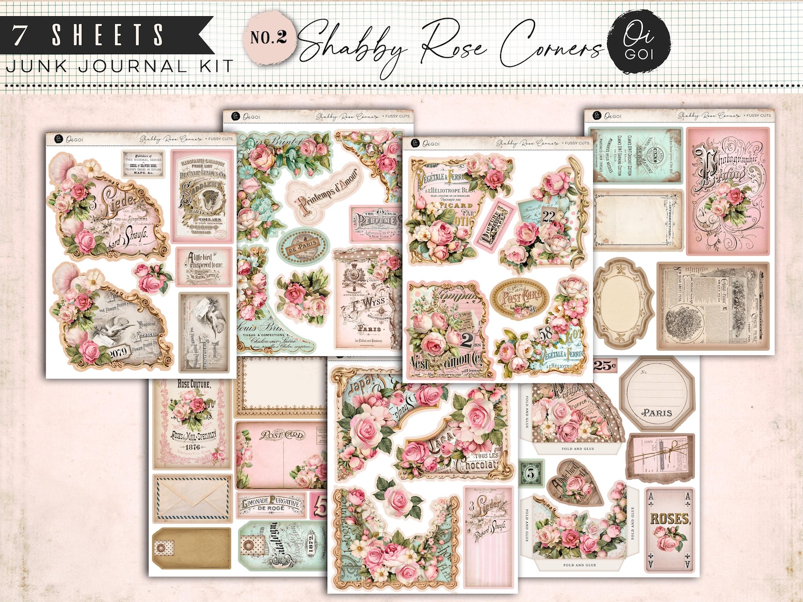 Vintage Rose Paper Pack, Junk Journal Kit, Shabby Chic Pink Roses ...