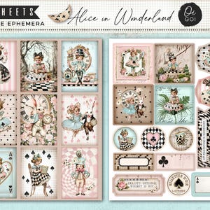 Könnte beinhalten: Druckbare Ephemera-Blätter mit Illustrationen aus Alice im Wunderland. Die Blätter zeigen Alice, den Hutmacher, das weiße Kaninchen und Spielkarten in einer sanften Pastellfarbpalette. Der Text "14 Sheets Printable Ephemera" ist sichtbar.