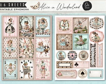 Alice im Wunderland, Junk Journal Kit, Tee-Party Printables, skurrile wählerische Schnitte, Scrapbook-Papier, Märchen Ephemera, DIY-Briefpapier, Goi
