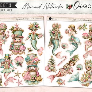 May include: Nine sheets of fussy cut kit stickers featuring mermaid nutcracker designs. The illustrations include mermaids, nutcrackers, and other festive elements in pastel colors. The text "Mermaid Nutcracker" and "OiGOI" are visible.
