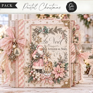 May include: A decorative scrapbook featuring a pastel Christmas theme with a Santa Claus and reindeer illustration, pink ribbon accents, gold metal corner protectors, and the text Au Noël Atelier de Noël, measuring 8.5 inches by 11 inches.