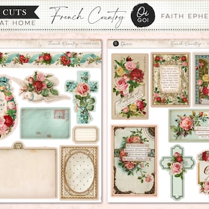 Puede incluir: Dos hojas digitales de efímera imprimible con diseños de estilo campestre francés. Las hojas incluyen arreglos florales con rosas rojas y rosadas, cruces, postales de estilo vintage, marcos ornamentados y fragmentos de texto religioso.