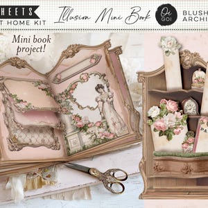 May include: A 32-sheet print at home kit titled Illusion Mini Book by Blushing Archives. The kit features paper craft elements including a miniature book with floral and figure illustrations, a decorative shelf, tags, and bookmarks.