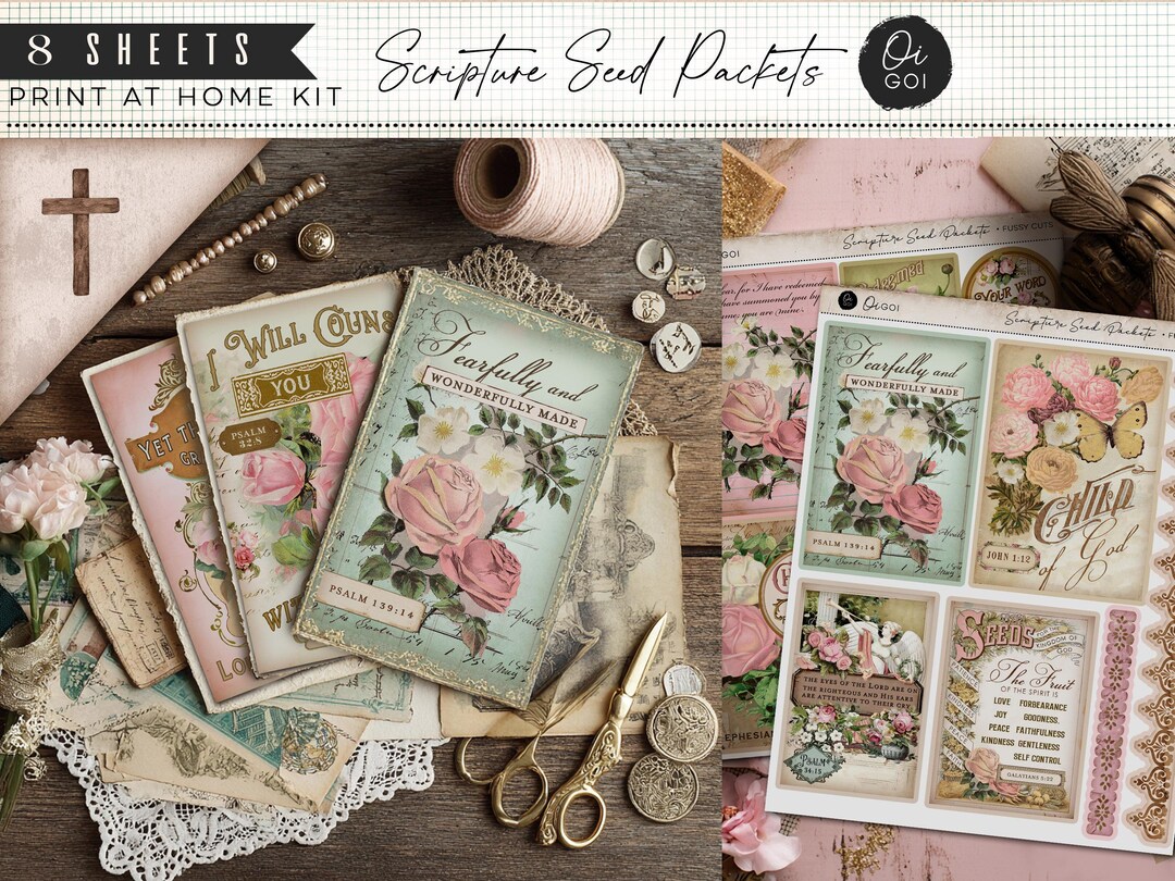 Dusty Rose Quad Scriptures Vintage Rose Bible Verse Seed Packets, Junk Journal Kit, Printable ...