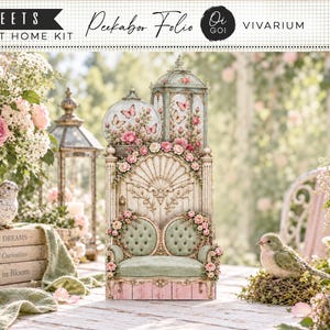 Puede incluir: Un kit de impresión en casa Peekaboo Folio Vivarium que presenta una estructura decorativa con un sofá verde capitoné, detalles florales rosas e ilustraciones de mariposas. El diseño incluye un respaldo arqueado y una torre.