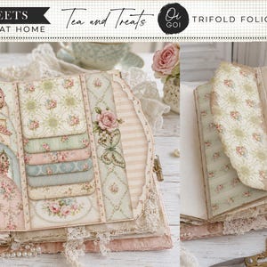 May include: A trifold folio kit titled Tea and Treats by Oi Goi, featuring 8 sheets for print at home. The paper craft set displays floral and damask patterns in soft pink, green, and cream tones, including pockets, tags, and decorative edges.