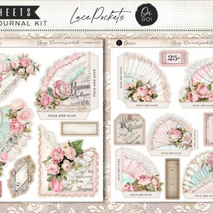Può includere: Un kit di junk journal con 14 fogli con tasche in pizzo e tagli intricati. I disegni includono illustrazioni in stile vintage di rose rosa, pizzo ed elementi a forma di ventaglio, con il testo "Fold and Glue". Il kit è etichettato "Lace Pockets".