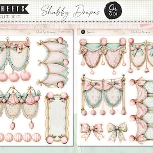 May include: A sheet of fussy cut kit featuring illustrations of shabby drapes in pastel shades. The designs include curtains, bows, and decorative elements with a vintage aesthetic. The text "Shabby Drapes" is visible.