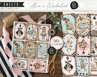 Alice in Wonderland junk journal, vintage playing cards, party favors, tea party gift wrap, digital paper pack, ephemera printables, banner
