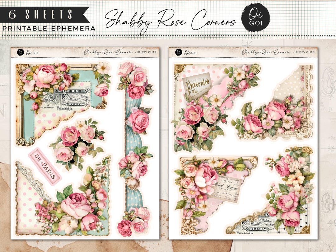 Vintage Rose Corners Junk Journal Kit, Shabby Chic Pink Roses, Floral ...