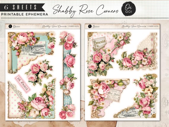 Vintage rose paper pack, junk journal kit, shabby chic pink roses, floral fussy cut kit, floral printable, printable corner pockets, loaded