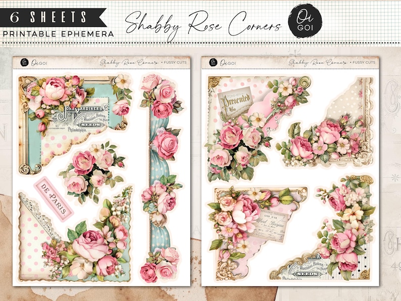 May include: Six sheets of printable ephemera featuring Shabby Rose Corners. The designs include floral arrangements of pink roses, decorative borders, and vintage-style labels with text. The color palette includes pink, teal, and cream.