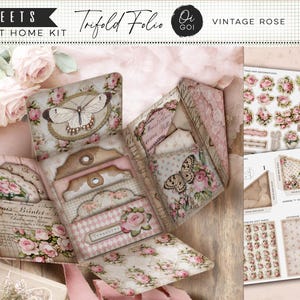 May include: A 6-sheet print-at-home trifold folio kit titled Vintage Rose by Oi Goi. The kit features floral and butterfly patterns in pink and cream, including die-cut tags, pockets, and decorative elements for paper crafting projects.