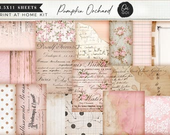 shabby chic pink rose paper pack, baby junk journal kit, antique pastel floral, scrapbooking printables, pink french script, vintage coffee