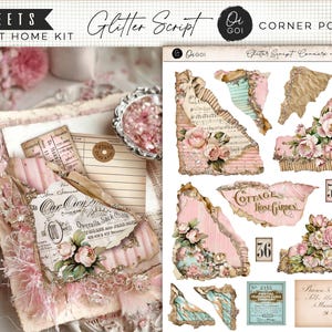 Puede incluir: Un kit para imprimir en casa con el texto "Glitter Script" y "Corner Pockets". El kit incluye hojas de papel decorativas con diseños florales y vintage, con las palabras "Paris" y "Cottage Rose Garden". La paleta de colores es rosa suave, beige y dorado.