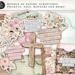 Druckbare Bibel-Kit, Junk-Journal, Schrift Ephemera, Scrapbook-Papier, wählerische Glaube-Schnitte, Vintage-Blumentags, Bibel-Verskarten, Schreibwaren