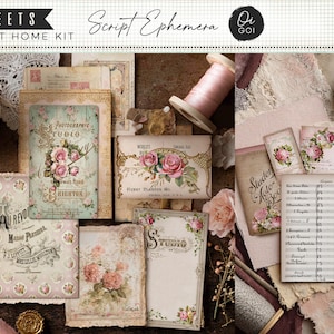 Enfeites vintage de rosas, diário de sucata shabby chic, rosa romântica, etiquetas de perfume imprimíveis, escrita francesa, bilhetes numerados, pacote de papel floral
