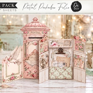 Carpeta postal vintage con compartimento oculto, paquete de papel rosa vintage, kit interactivo de diario creativo, mini libro sin costuras, bolsillos ocultos, postal shabby chic