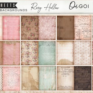 May include: A collection of 12 basic background sheets with a vintage aesthetic. The sheets feature various designs, including floral patterns, polka dots, aged paper textures, and handwritten script. The color palette includes soft pinks, browns, and creams.