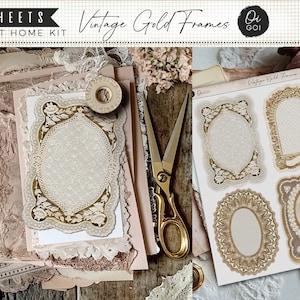 May include: A collection of vintage gold frames, with the text "Vintage Gold Frames" and "10 Sheets Print at Home Kit". The frames are in various shapes, including oval and rectangular, with intricate gold detailing. The image also includes scissors and lace.