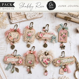 Könnte beinhalten: Acht dekorative Papieranhänger für Junk Journals mit Rosenmotiven, Spitze, Bändern und Metallsicherheitsnadeln. Jeder Anhänger enthält Anhänger wie Herzen oder Schleifen sowie aufgedruckte Texte wie 'choose joy' und 'breathe deeply'.