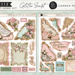 May include: Two sheets of "Glitter Script" print-at-home kit corner pockets. The sheets feature vintage-style designs with floral arrangements, torn paper edges, and the text "Paris" and "Cottage Rose Garden". Includes small labels with numbers.