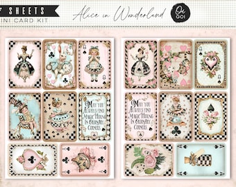Alice in Wonderland junk journal, vintage playing cards, party favors, tea party gift wrap, digital paper pack, ephemera printables, banner