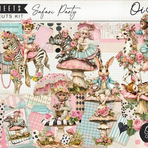 Vintage animals junk journal kit, shabby chic ephemera, safari printables, folio paper pack, whimsical scrapbooking, vintage roses, circus