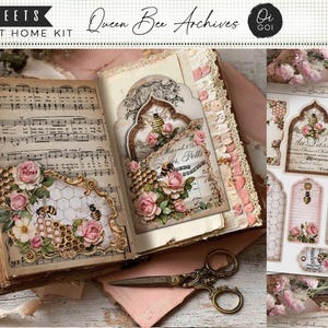 Vintage roses corner pockets junk journal kit, honeycomb ephemera printables, scrapbook paper, fussy cuts, antique tags, floral tickets