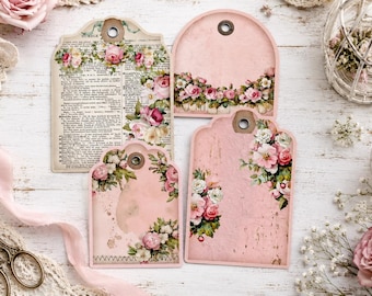 Vintage rosetiketter, shabby chic rosa rosor, skräpjournalkit, romantiska rosor ephemera, blometiketter, scrapbookingpapper, kräsna snitt, romantisk