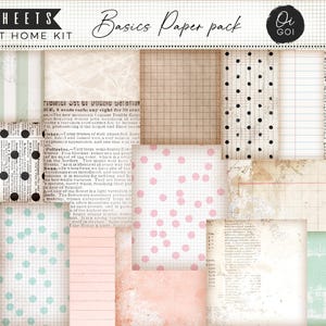 Może przedstawiać: Zestaw papieru z 20 arkuszami, zawierający różne wzorzyste papiery. Wzory obejmują kropki, paski, kratki i nakładki tekstowe w neutralnych odcieniach, różu i miętowej zieleni. Widoczny jest tekst "Basics Paper pack" i "Print at Home Kit".