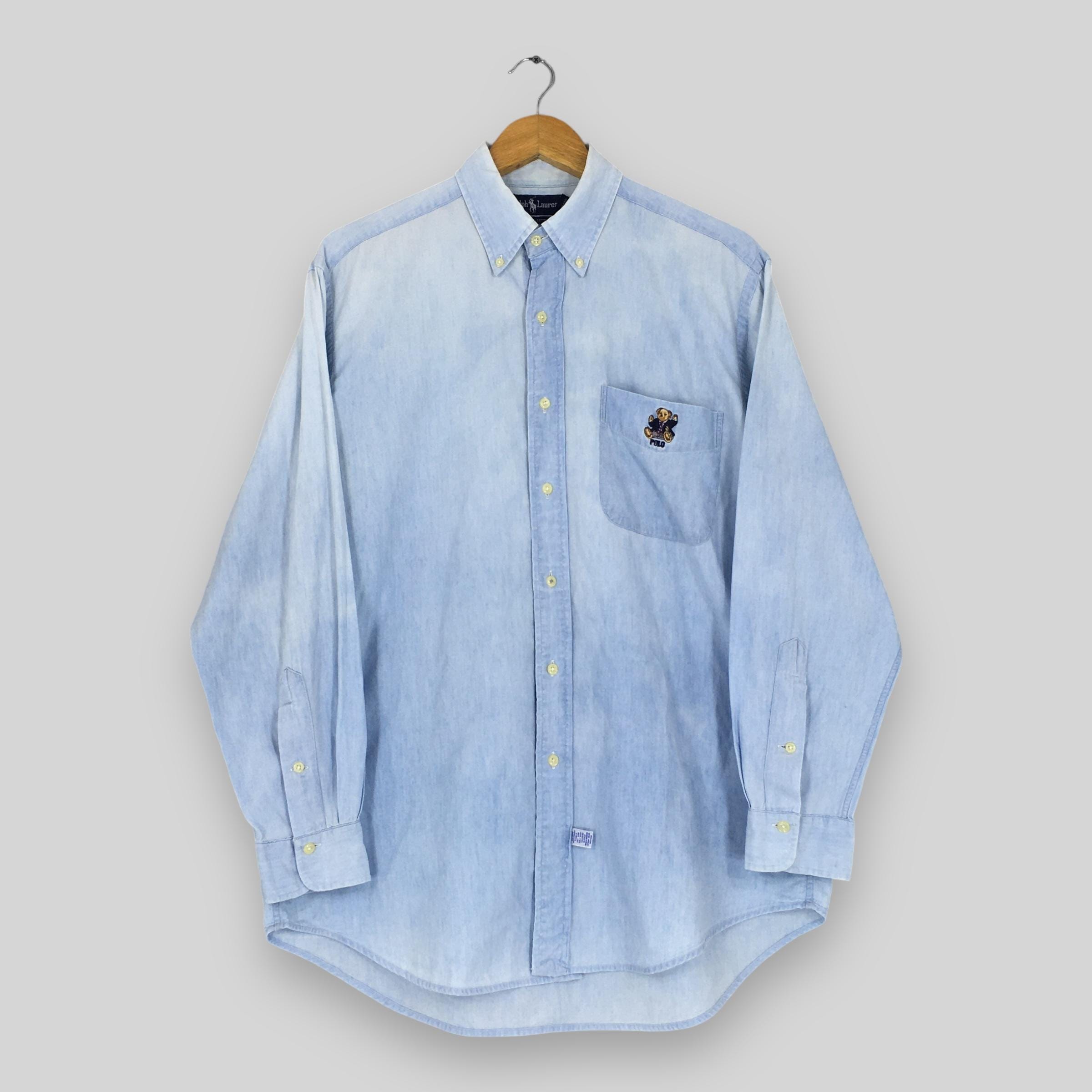 Vintage Polo Bear Ralph Lauren Blue Oxford Shirt Medium 90s