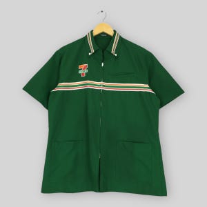 Vintage 7-Eleven Uniform Workers Shirt Large 7 Eleven Convenience Store Green Zipper Shirt 7E Eleven Stripes Oxfords Workwear Shirt Size L