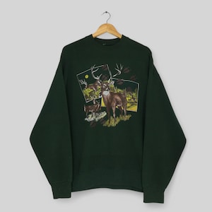 Vintage 90s White-tailed Deer Wildlife Sweatshirt XLarge Whitetail Deer Animal Graphics Crewneck Deer Animal Habitat Green Sweater Size XL
