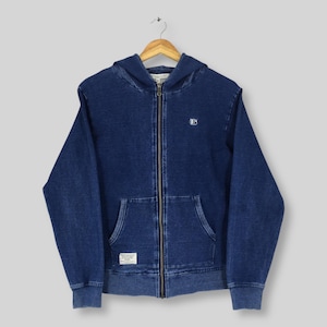 Vintage Indigo Blue Zipper Hoodie Sweater Medium Light Washed Indigo Dyed Japan Pullover Blue Plain Jumper Blue Jeans Zip Up Sweater Size M